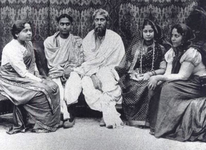Rabindranath Tagore at the wedding of his Son Rathindranath Tagore (second from left) - his Daughter-in-law Pratima (second from right), and two Daughters, in 1909