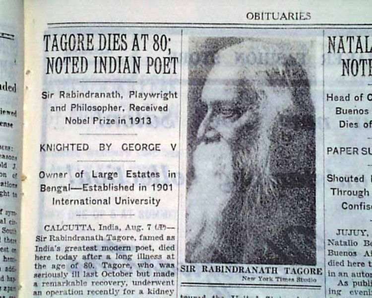 Rabindranath Tagore's death news in The New York Times