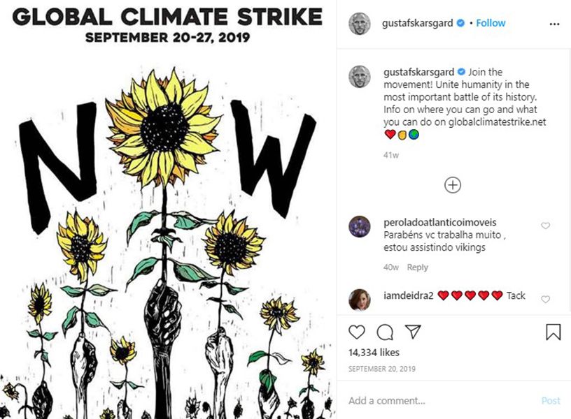 Gustaf Skarsgård Instagram Post on Climate Strike