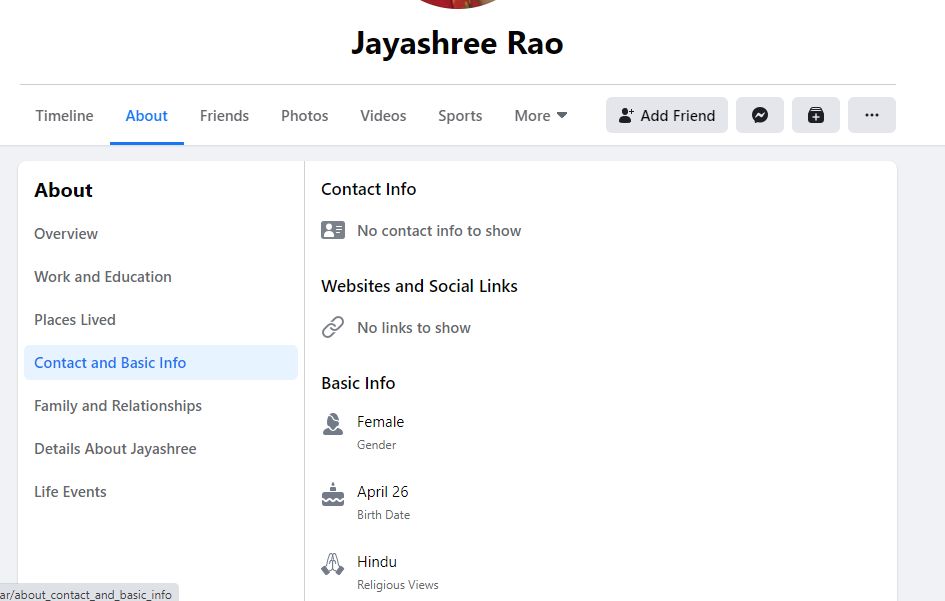 Jayashree Rao's Facebook Profile