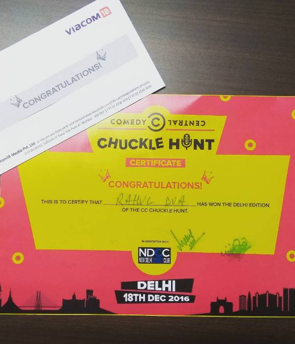 Rahul Dua's Certificate for Chuckle Hunt.