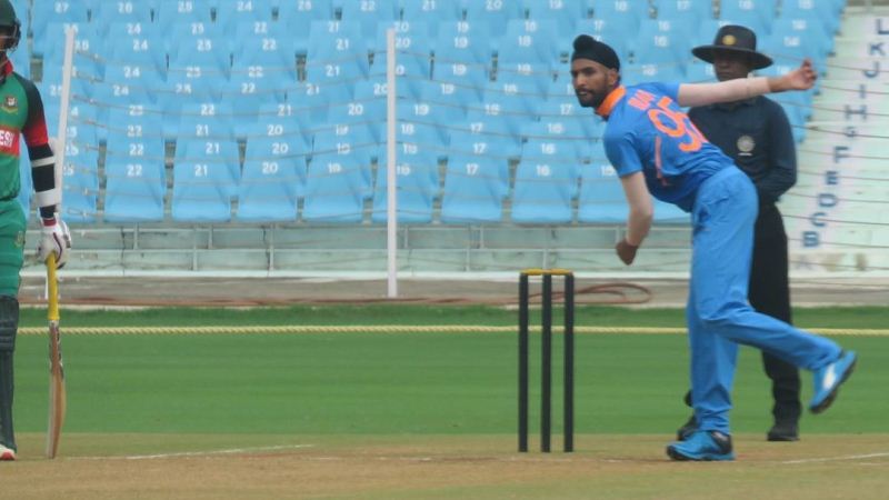 Harpreet Brar bowling for India U-23 team