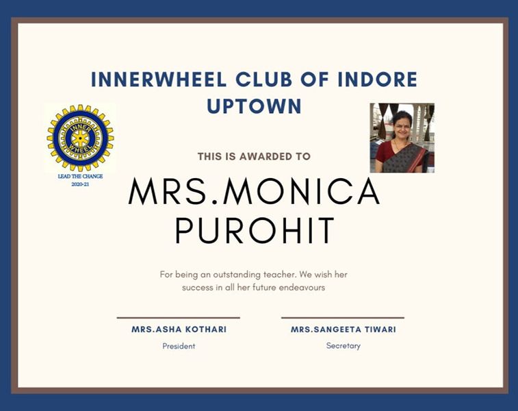 Monica Purohit - Inner Wheel Club Award 2015- 2016
