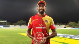 Sanjay with his Player of the Match trophy for his performance in a TNPL match