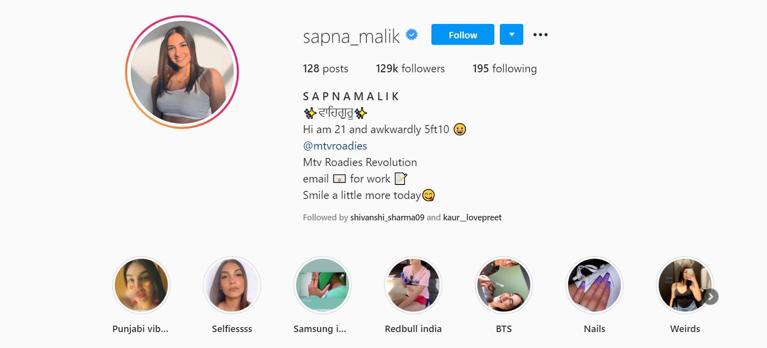 Sapna Malik's Instagram Profile
