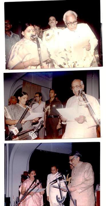 A hierarchical narrative collage of three pictures from rabri Devi's swearing-in ceremonies as the CM of Bihar