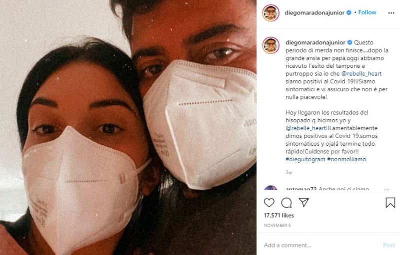 Diego Sinagra's Instagram post about being tested positive for the COVID-19