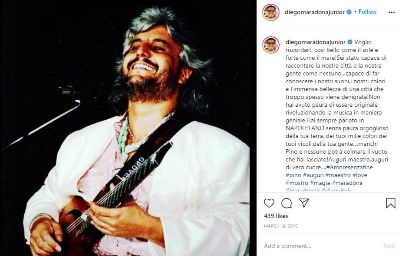 Diego Sinagra's Instagram post about his favorite musician Pino Daniele