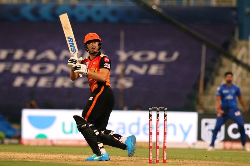 Abdul Samad whacks a ball over the boundary rope on his debut IPL match