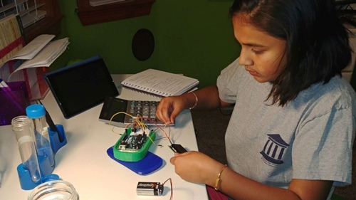 Gitanjali Rao working on the prototype of her invention, Tethys
