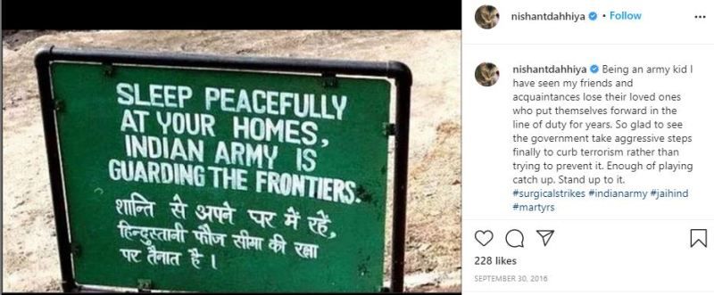 Nishant's Instagram post in which he is talking about the Indian Army