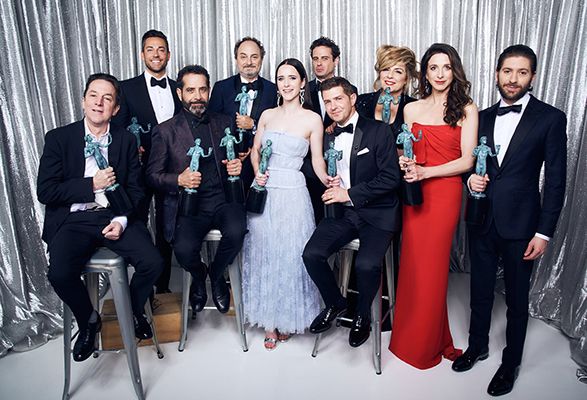 Rachel Brosnahan and her co-stars with their Screen Actors Guild Awards