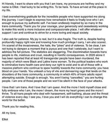 Elliot Page's letter talking about his transgender identity