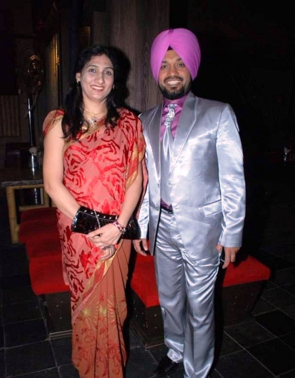 Gurpreet Singh Ghuggi with his wife at a party conducted by the Hans Baliye production team