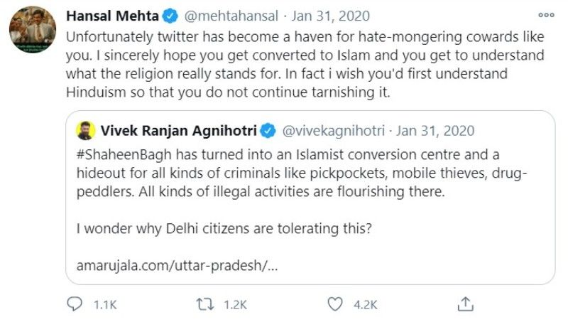 Hansal Mehta's tweet to Vivek