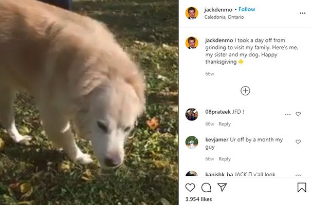 Jack Denmo talking about his pet dog in an Instagram post