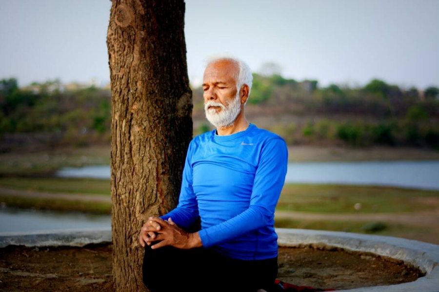 Jalaj Saxena's father, Ghanshyam Saxena, practicing meditation