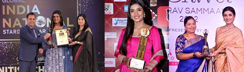 A collage of Manya Singh receiving awards