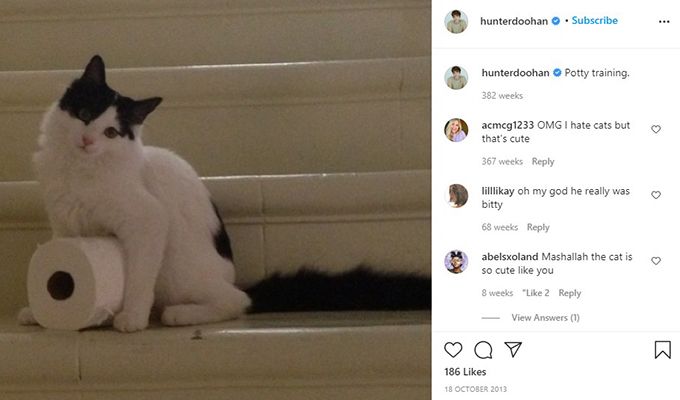 Hunter Doohan talking about his pet cat in an Instagram post