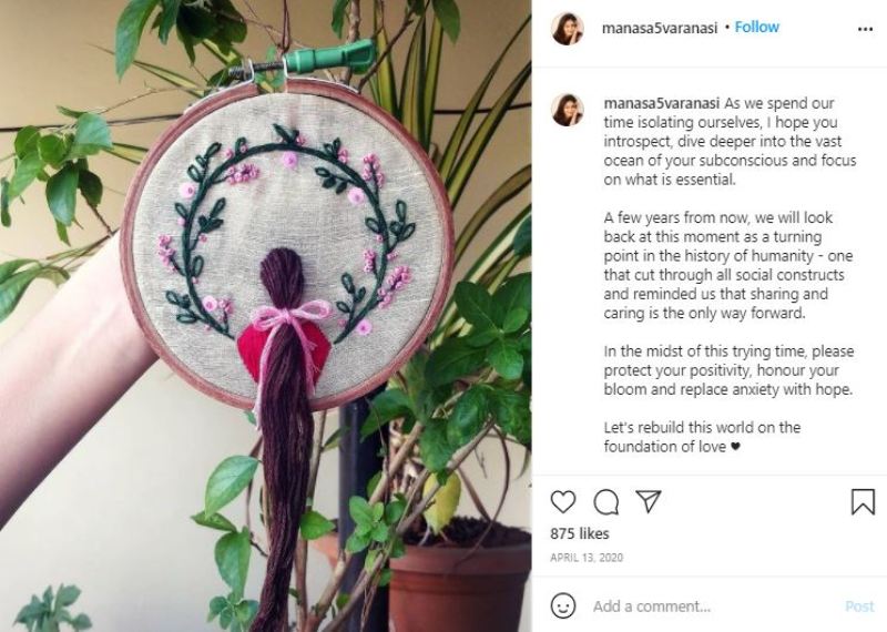 Manasa Varanasi's Instagram post about COVID 19 lockdown and her embroidery work