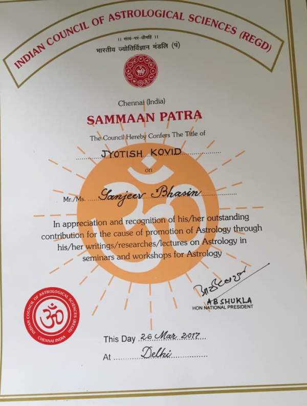 Sanjiv Bhasin's degree of Jyotish Kovid