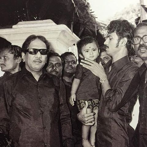 A old picture of child Udhayanidhi Stalin in his father MK Stalin's (right) arms with his grandfather, M Karunanidhi