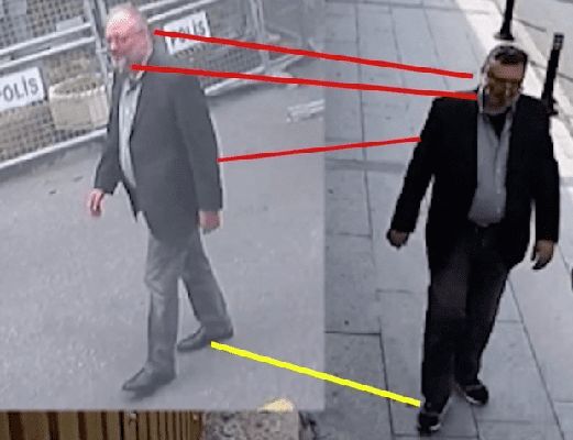 Images from CCTV showing Jamal Khashoggi (left) and Mustafa al-Madani (rights; dressed in Jamal's clothes)