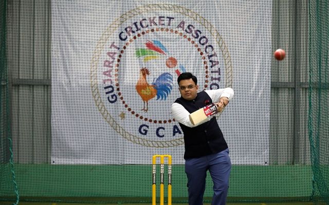 Jay Shah hitting a ball in the nets of GCA Indoor Academy in Ahmedabad
