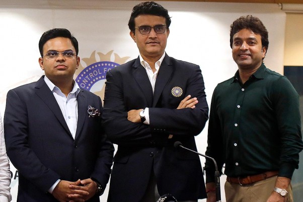 Jay Shah (left), Sourav Ganguly, (center), and BBCI Treasurer Arun Dhumal (right) standing for a picture during a BCCI press conference in Mumbai
