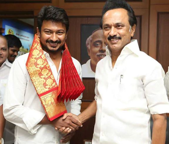 Udhayanidhi Stalin being greeted by his father, MK Stalin, on taking up the post of national youth secretary of DMK