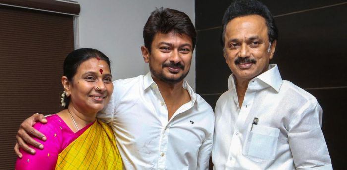 Udhayanidhi Stalin (middle) with his father MK Stalin (right) and mother Durga Stalin (left)