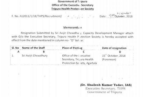 A memorandum undersigned by Shailesh Kumar Yadav as the Executive Secretary of THPS