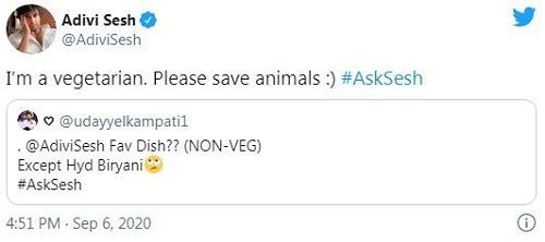 Adivi Sesh’s tweet about his food habit