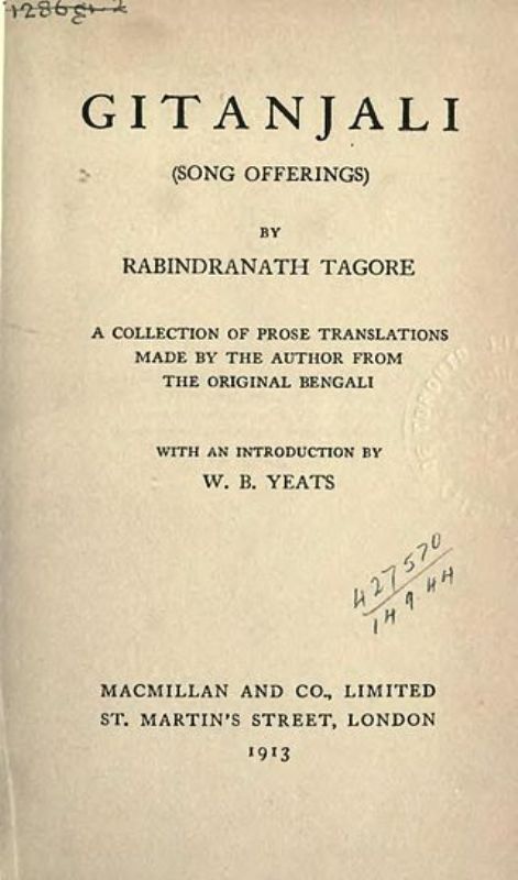 Title page of the 1913 Macmillan edition of Tagore's Gitanjali