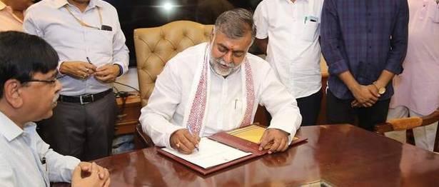 Prahlad Patel taking charge as the Union Minister of Tourism