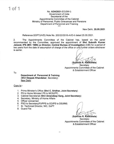 Subodh Kumar Jaiswal's appointment order as the CBI Director (2021)