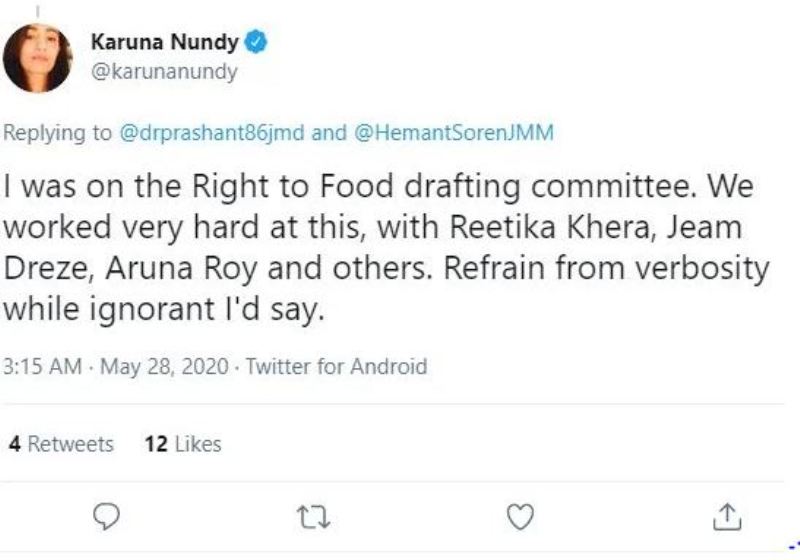 Instagram post of Karuna when she was on Right to Food drafting Committee, 2020