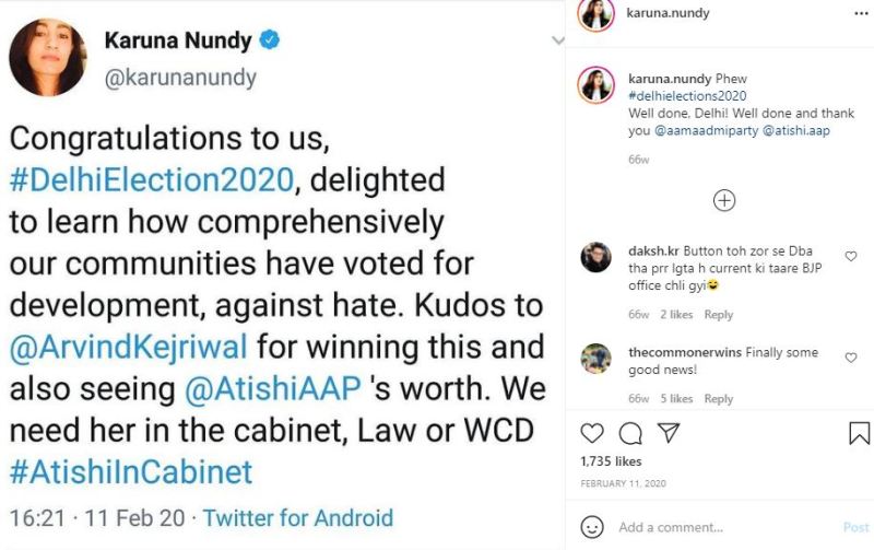 Karuna's Instagram post supporting AAPs victory in Delhi 2020