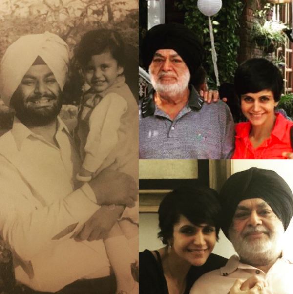 A collage of Mandira Bedi and her father