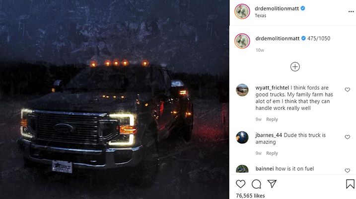 Matt Carriker talking about his Ford Super Duty in an Instagram post