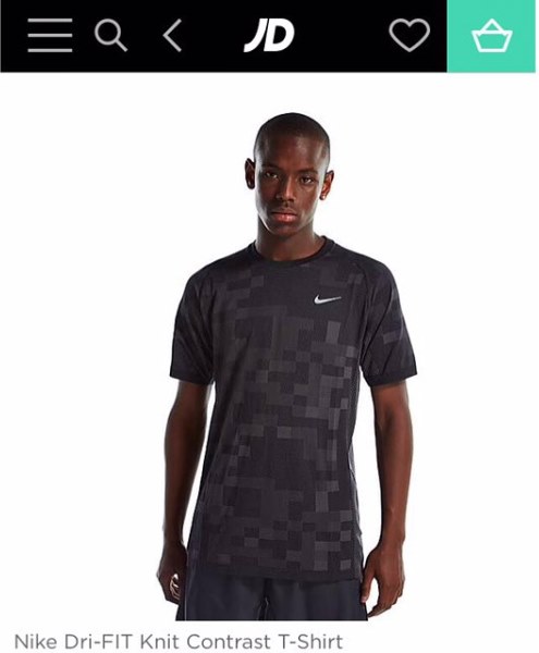 Micheal Ward modelling for the Nike's Dri-FIT knit contrast T-shirt on JD's official website