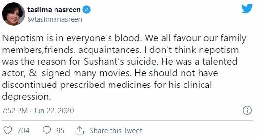 Taslima Nasrin’s tweet on Shushant Singh Rajput’s suicide case in 2020