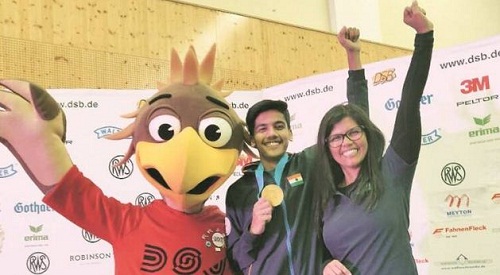 Aishwary Pratap Singh Tomar after winning the gold medal at the World Junior Championships 2019