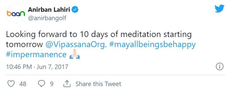 Anirban Lahiri's social media post on starting meditation classes in 2017