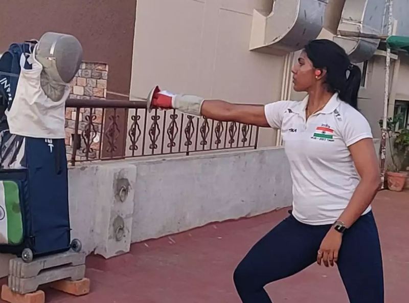 C A Bhavani Devi while practising fencing at home