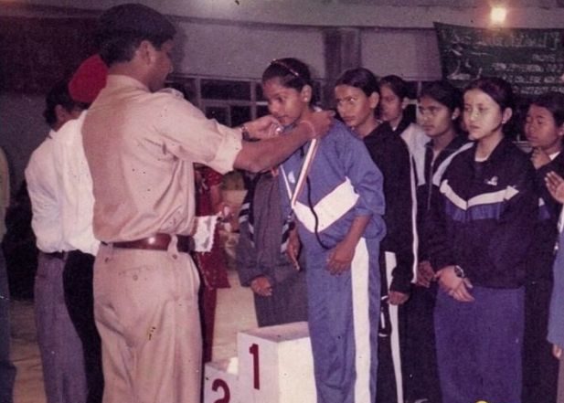 C A Bhavani Devi while receiving her first medal in childhood