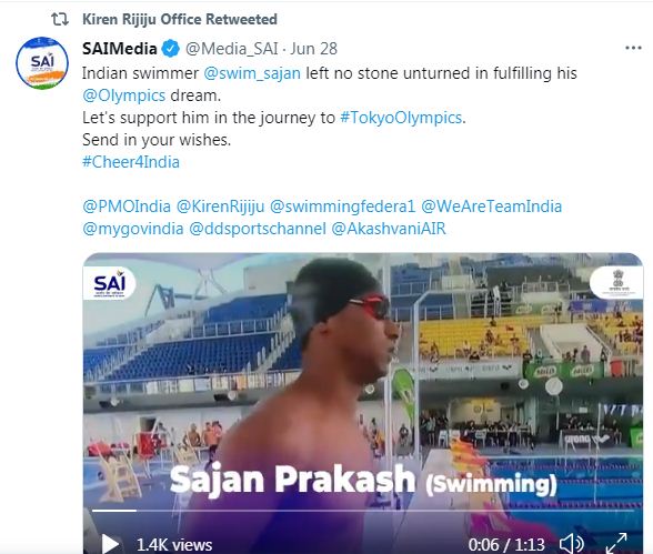 Indian Sports Minister's tweet for Sajan Prakash