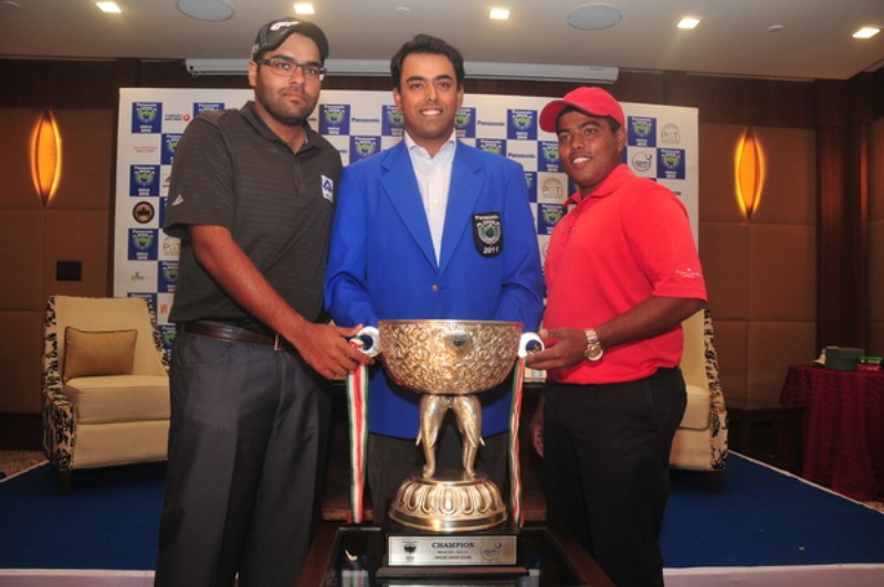 Manav Jaini & Anirban Lahiri of India along with Sri Lanka's Mithun Perera pose with the new trophy