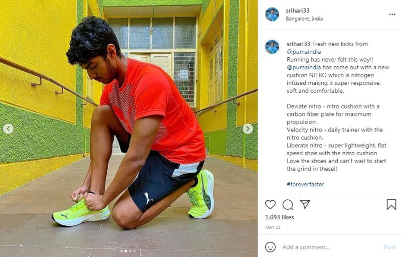 Srihari Nataraj promting PumaIndia on his Instagram account