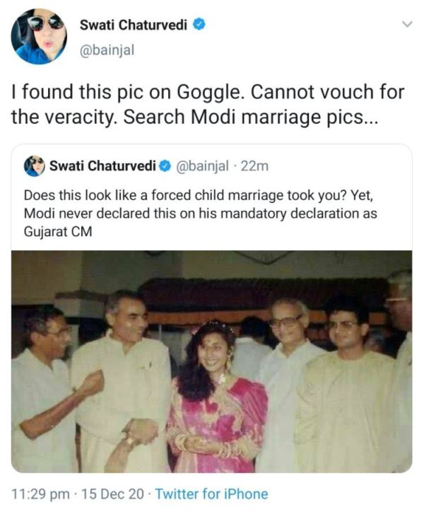 Swati Chaturvedi's Twitter post related to Narender Modi and his fake marriage